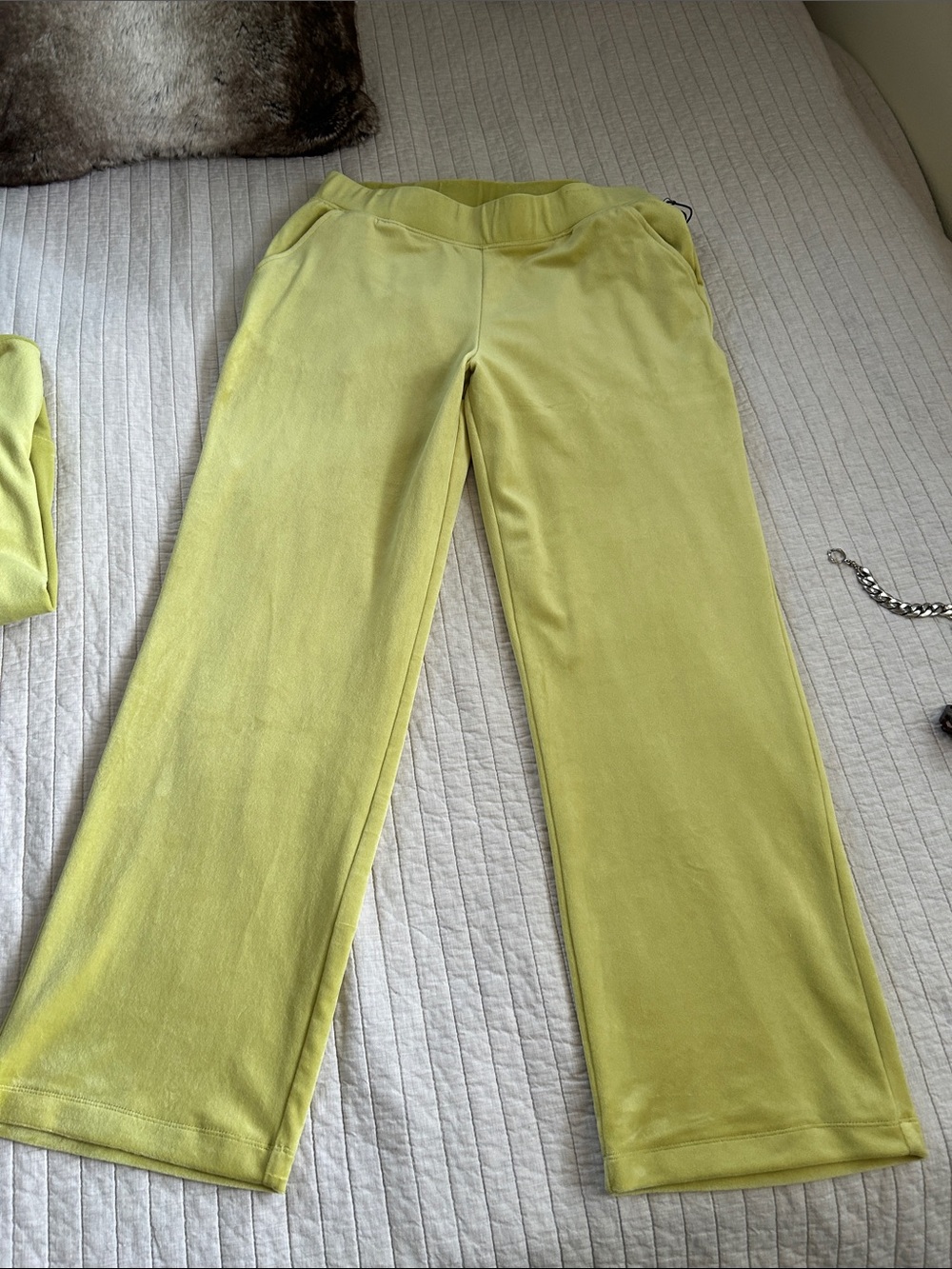 NWT Nicole miller chartreuse green Y2K velour wide leg tracksuit hoodie set L - Picture 8 of 14